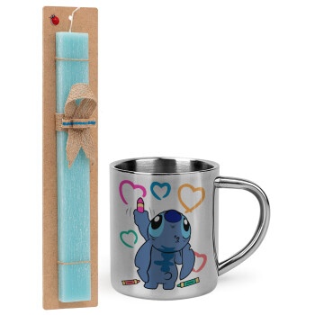 Lilo & Stitch painting, Easter Set, metallic thermal cup (300ml) & aromatic flat Easter candle (30cm) (TURQUOISE)