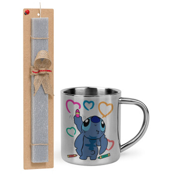 Lilo & Stitch painting, Easter Set, metallic thermal cup (300ml) & Easter aromatic flat candle (30cm) (GRAY)