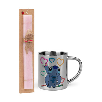 Lilo & Stitch painting, Easter Set, metallic thermal cup (300ml) & aromatic flat Easter candle (30cm) (PINK)
