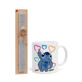 Lilo & Stitch painting, Easter Set, Ceramic Cup (330ml) & Easter aromatic flat candle (30cm) (GRAY)