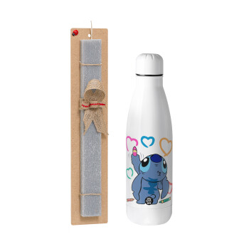 Lilo & Stitch painting, Easter Set, metallic stainless thermos bottle (500ml) & scented flat Easter candle (30cm) (GRAY)