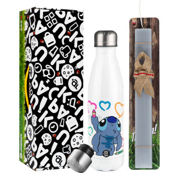 Lilo & Stitch painting, Easter candle, metallic white thermos bottle (500ml) & aromatic flat candle (30cm) (GRAY)