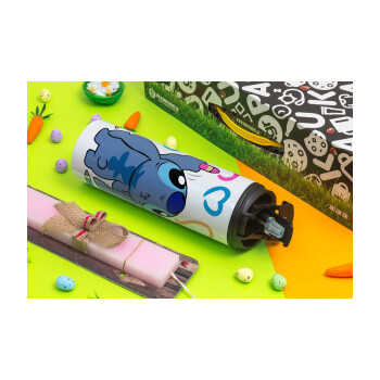 Lilo & Stitch painting, Easter candle,Travel Tumbler 2 Lids, with metal straw & cleaning brush & aromatic flat candle (30cm) (PINK)