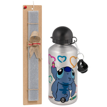 Lilo & Stitch painting, Easter Set, metallic silver aluminum water bottle (500ml) & aromatic flat Easter candle (30cm) (GRAY)