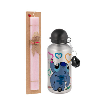 Lilo & Stitch painting, Easter Set, metallic Silver aluminum water bottle (500ml) & scented flat Easter candle (30cm) (PINK)