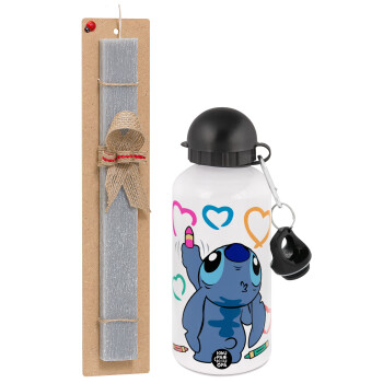 Lilo & Stitch painting, Easter Set, metallic aluminum water bottle (500ml) & aromatic flat Easter candle (30cm) (GRAY)