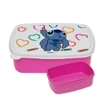 Lilo & Stitch painting, ΡΟΖ παιδικό δοχείο φαγητού (lunchbox) πλαστικό (BPA-FREE) Lunch Βox M18 x Π13 x Υ6cm