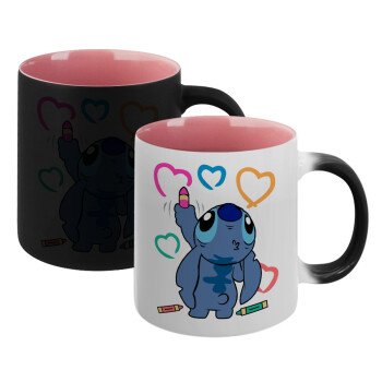 Lilo & Stitch painting, Κούπα Μαγική εσωτερικό ΡΟΖ, κεραμική 330ml που αλλάζει χρώμα με το ζεστό ρόφημα
