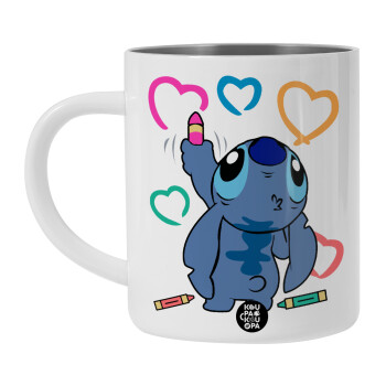 Lilo & Stitch painting, Λευκή Ανοξείδωτη Μεταλλική Κούπα 450ml - Διπλού Τοιχώματος 