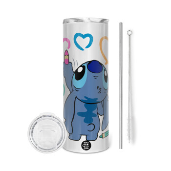 Lilo & Stitch painting, Eco friendly stainless steel tumbler 600ml, with metal straw & cleaning brush