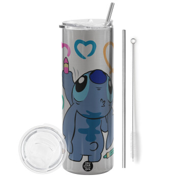 Lilo & Stitch painting, Tumbler stainless steel Silver 600ml, with metal straw & cleaning brush