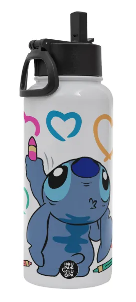 Lilo & Stitch painting — Metal mug thermo White with Straw and Spout Lid (Stainless steel), double wall, 950ml