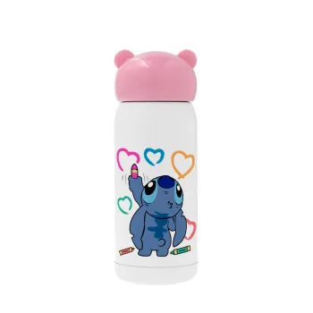 Lilo & Stitch painting, Pink stainless steel thermal flask, 320ml