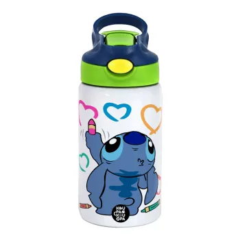 Lilo & Stitch painting, Παιδικό παγούρι θερμό, ανοξείδωτο, με καλαμάκι ασφαλείας, πράσινο/μπλε (350ml)