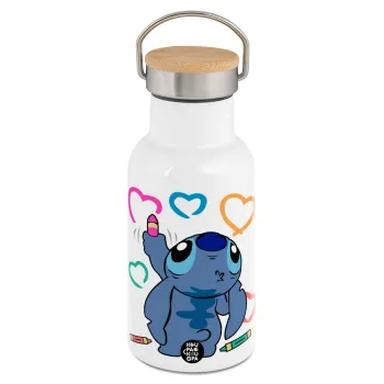 Lilo & Stitch painting, Metallic thermos (Stainless steel) White with wooden lid (bamboo), double-walled, 350ml