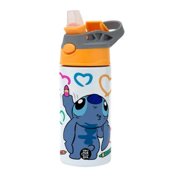 Lilo & Stitch painting, Παιδικό παγούρι θερμό, ανοξείδωτο, με καλαμάκι ασφαλείας, Πορτοκαλί/Γκρι (360ml) BPA-FREE