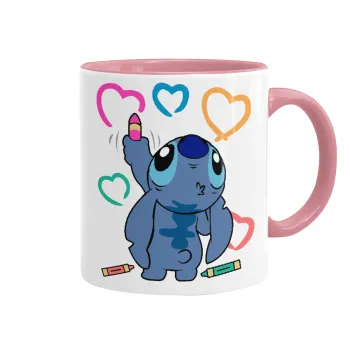 Lilo & Stitch painting, Κούπα χρωματιστή ροζ, κεραμική, 330ml