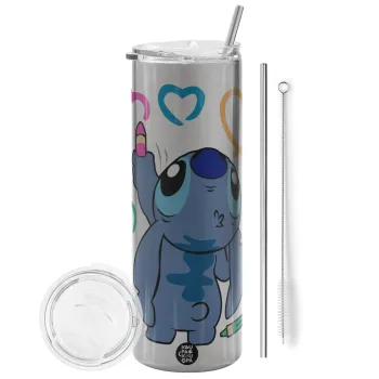 Lilo & Stitch painting, Tumbler ποτήρι θερμό Ασημένιο από ανοξείδωτο ατσάλι 600ml, με μεταλλικό καλαμάκι & βούρτσα καθαρισμού