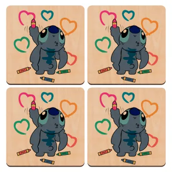 Lilo & Stitch painting, ΣΕΤ x4 Σουβέρ ξύλινα τετράγωνα plywood (9cm)