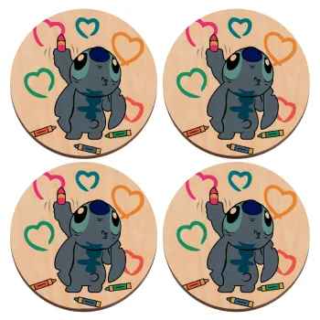 Lilo & Stitch painting, ΣΕΤ x4 Σουβέρ ξύλινα στρογγυλά plywood (9cm)