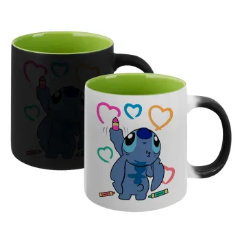Lilo & Stitch painting, Κούπα Μαγική εσωτερικό πράσινο, κεραμική 330ml που αλλάζει χρώμα με το ζεστό ρόφημα