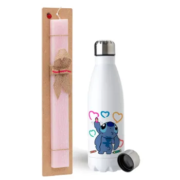 Lilo & Stitch painting, Easter Set, metallic stainless steel water bottle (750ml) & scented flat Easter candle (30cm) (PINK)