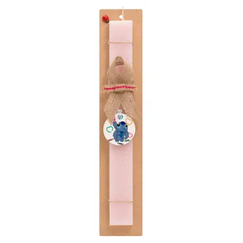 Lilo & Stitch painting, Πασχαλινή Λαμπάδα με ξύλινο μπρελόκ & κερί αρωματικό πλακέ (30cm) (ΡΟΖ)