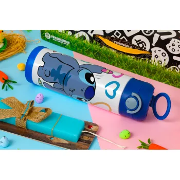 Lilo & Stitch painting, Πασχαλινή Λαμπάδα με Παιδικό παγούρι θερμό, ανοξείδωτο, με καλαμάκι ασφαλείας, ΜΠΛΕ (500ml)