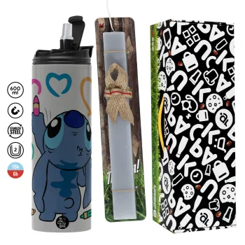 Lilo & Stitch painting, Πασχαλινή Λαμπάδα με Travel Tumbler θερμό (600ml, BPA free) & κερί αρωματικό πλακέ (30cm) (ΓΚΡΙ)