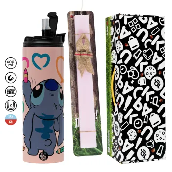 Lilo & Stitch painting, Πασχαλινή Λαμπάδα με  ΡΟΖ Travel Tumbler θερμό (600ml, BPA free) & κερί αρωματικό πλακέ (30cm) (ΡΟΖ)
