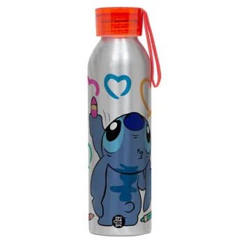 Lilo & Stitch painting, Αλουμινένιο Αθλητικό Μπουκάλι 650ml – Ασημί με Κόκκινο Καπάκι και Λουράκι Σιλικόνης