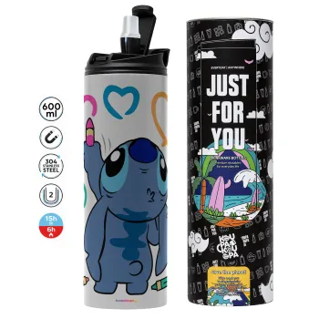 Lilo & Stitch painting, Tumbler ποτήρι θερμό ΓΚΡΙ από ανοξείδωτο ατσάλι 600ml