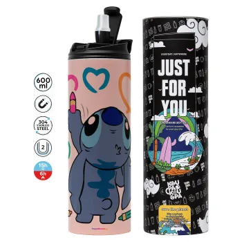 Lilo & Stitch painting, Tumbler ποτήρι θερμό ΡΟΖ από ανοξείδωτο ατσάλι 600ml