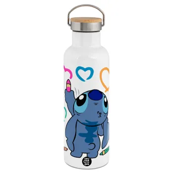Lilo & Stitch painting, Stainless steel White with wooden lid (bamboo), double wall, 750ml