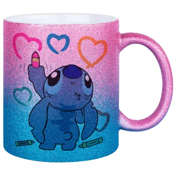 Lilo & Stitch painting, Κούπα Χρυσή/Μπλε Glitter, κεραμική, 330ml
