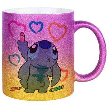 Lilo & Stitch painting, Κούπα Χρυσή/Ροζ Glitter, κεραμική, 330ml