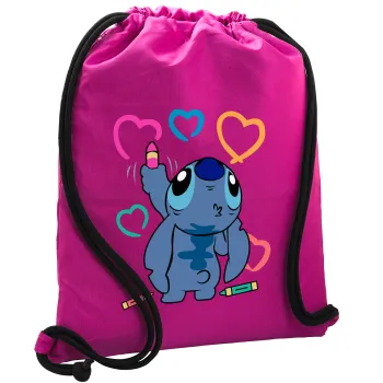Lilo & Stitch painting, Backpack pouch GYMBAG Fuchsia, with pocket (40x48cm) & thick cords
