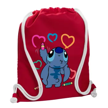 Lilo & Stitch painting, Backpack pouch GYMBAG Red, with pocket (40x48cm) & thick cords