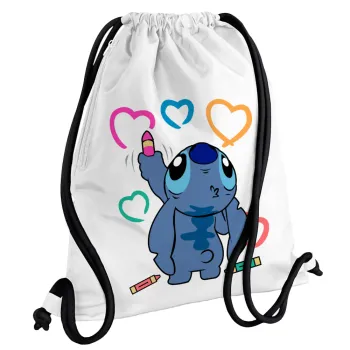 Lilo & Stitch painting, Τσάντα πλάτης πουγκί GYMBAG λευκή, με τσέπη (40x48cm) & χονδρά κορδόνια
