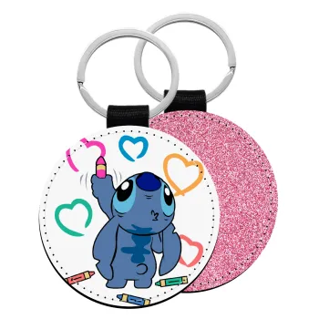 Lilo & Stitch painting, Μπρελόκ Δερματίνη, στρογγυλό ΡΟΖ (5cm)