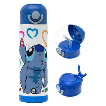 Lilo & Stitch painting, Παιδικό παγούρι θερμό, ανοξείδωτο, με καλαμάκι ασφαλείας, ΜΠΛΕ (500ml)