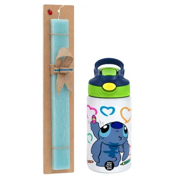Lilo & Stitch painting, Easter Set, Children's thermal stainless steel bottle with safety straw, green/blue (350ml) & aromatic flat Easter candle (30cm) (TURQUOISE)