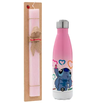 Lilo & Stitch painting, Easter Set, Metallic pink/white (Stainless steel) thermos, double-walled, 500ml & aromatic flat Easter candle (30cm) (PINK)