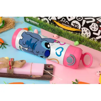 Lilo & Stitch painting, Πασχαλινή Λαμπάδα με Παιδικό παγούρι θερμό, ανοξείδωτο, με καλαμάκι ασφαλείας, ΡΟΖ (500ml)