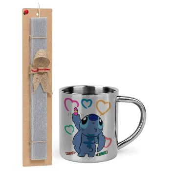 Lilo & Stitch painting, Πασχαλινή Λαμπάδα με μεταλλική κούπα θερμό (300ml) & κερί αρωματικό πλακέ (30cm) (ΓΚΡΙ)