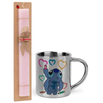 Lilo & Stitch painting, Πασχαλινή Λαμπάδα με μεταλλική κούπα θερμό (300ml) & κερί αρωματικό πλακέ (30cm) (ΡΟΖ)