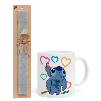 Lilo & Stitch painting, Πασχαλινή Λαμπάδα με Κούπα κεραμική (330ml) & κερί αρωματικό πλακέ (30cm) (ΓΚΡΙ)
