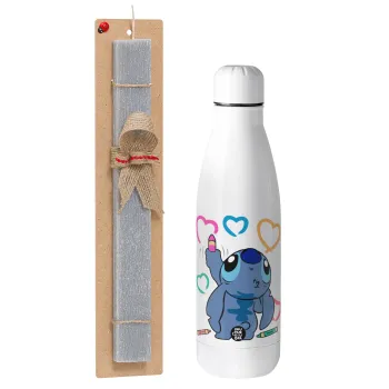 Lilo & Stitch painting, Πασχαλινή Λαμπάδα με μεταλλικό παγούρι θερμός ανοξείδωτο (500ml) & κερί αρωματικό πλακέ (30cm) (ΓΚΡΙ)