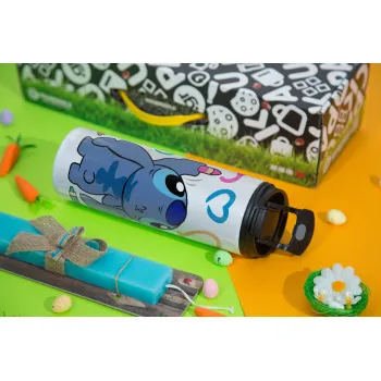 Lilo & Stitch painting, Easter candle,Travel Tumbler 2 Lids, with metal straw & cleaning brush & aromatic flat candle (30cm) (BLUE)