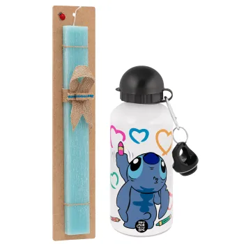 Lilo & Stitch painting, Easter Set, metallic aluminum water bottle (500ml) & scented flat candle (30cm) (TURQUOISE)